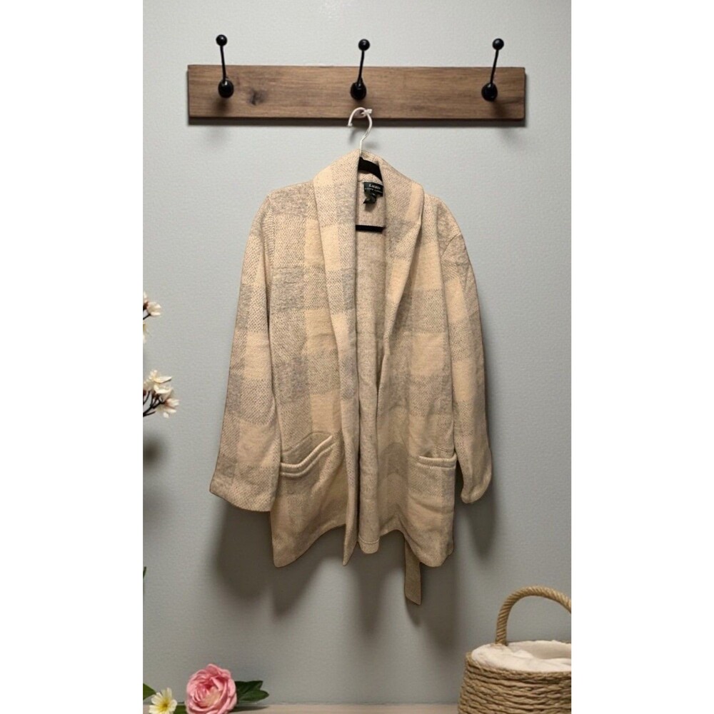 Vintage Lauren 100% LambsWool Ralph Lauren Belted Cardigan Sweater XL Ivory Gray